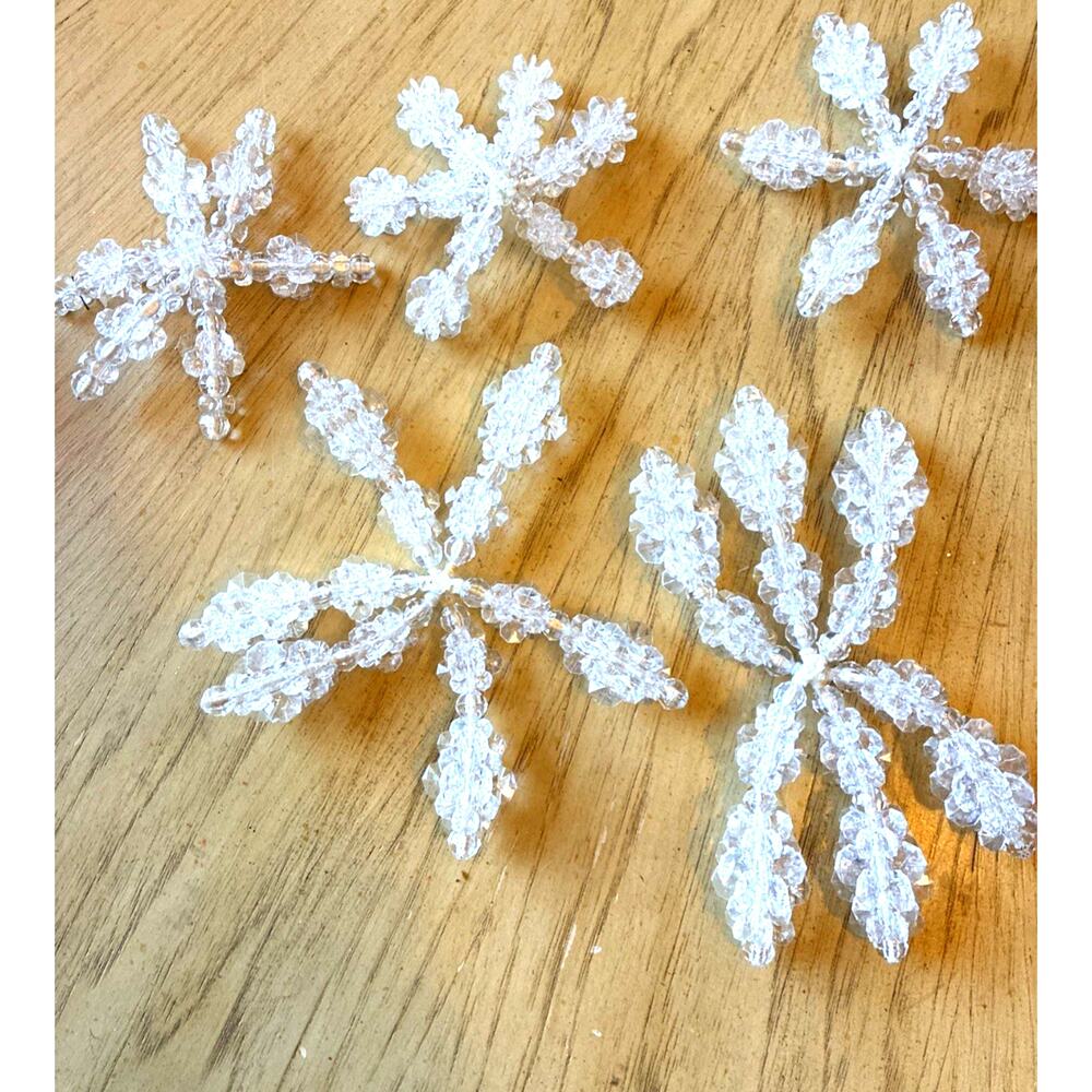 Collection of 5 Handmade Vintage Beaded Clear Christmas Ornaments SnowFlakes
